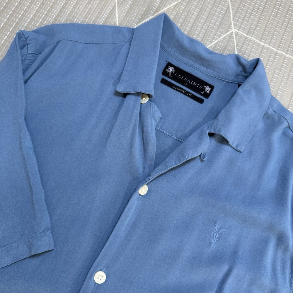 Allsaints Venice Ramskull Shirt M Relaxed Fit Short Sleeve Button Down Blue